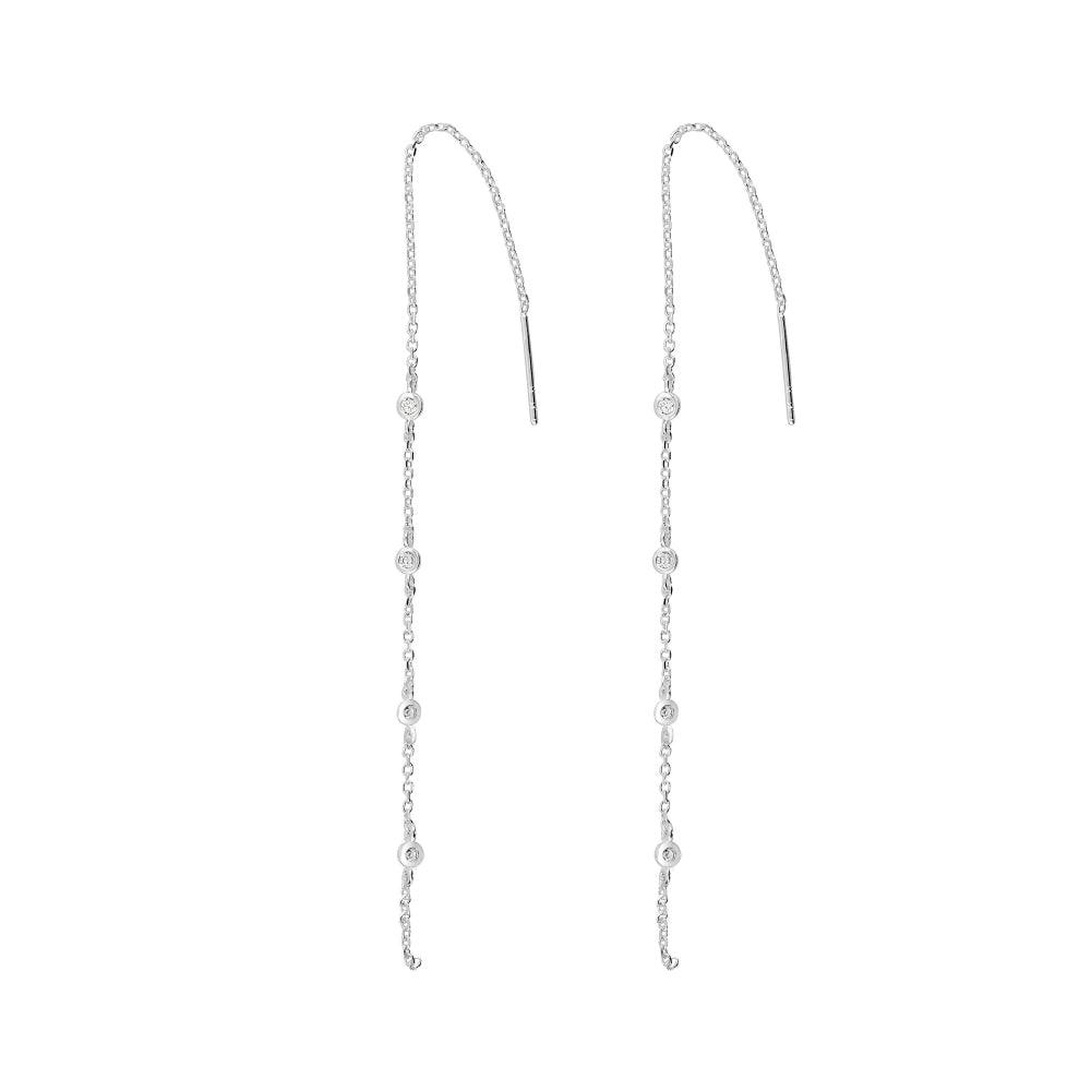 Sterling Silver Pull Thru Long Chain with Cubic Zirconia Drop Earrings - Rococo Jewellery