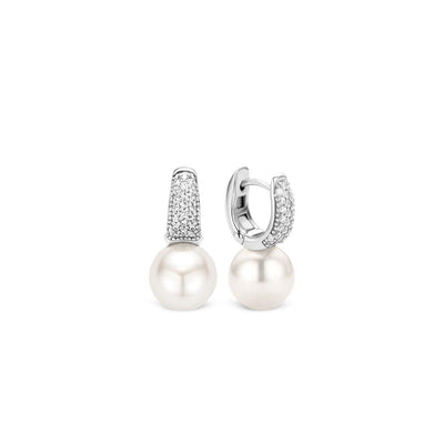 Ti Sento Sterling Silver Pearl and Pavé Cubic Zirconia Hoop Earrings - Rococo Jewellery