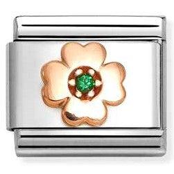 Nomination Classic 9ct Rose Gold and Green Zirconia Clover Link Charm - Rococo Jewellery