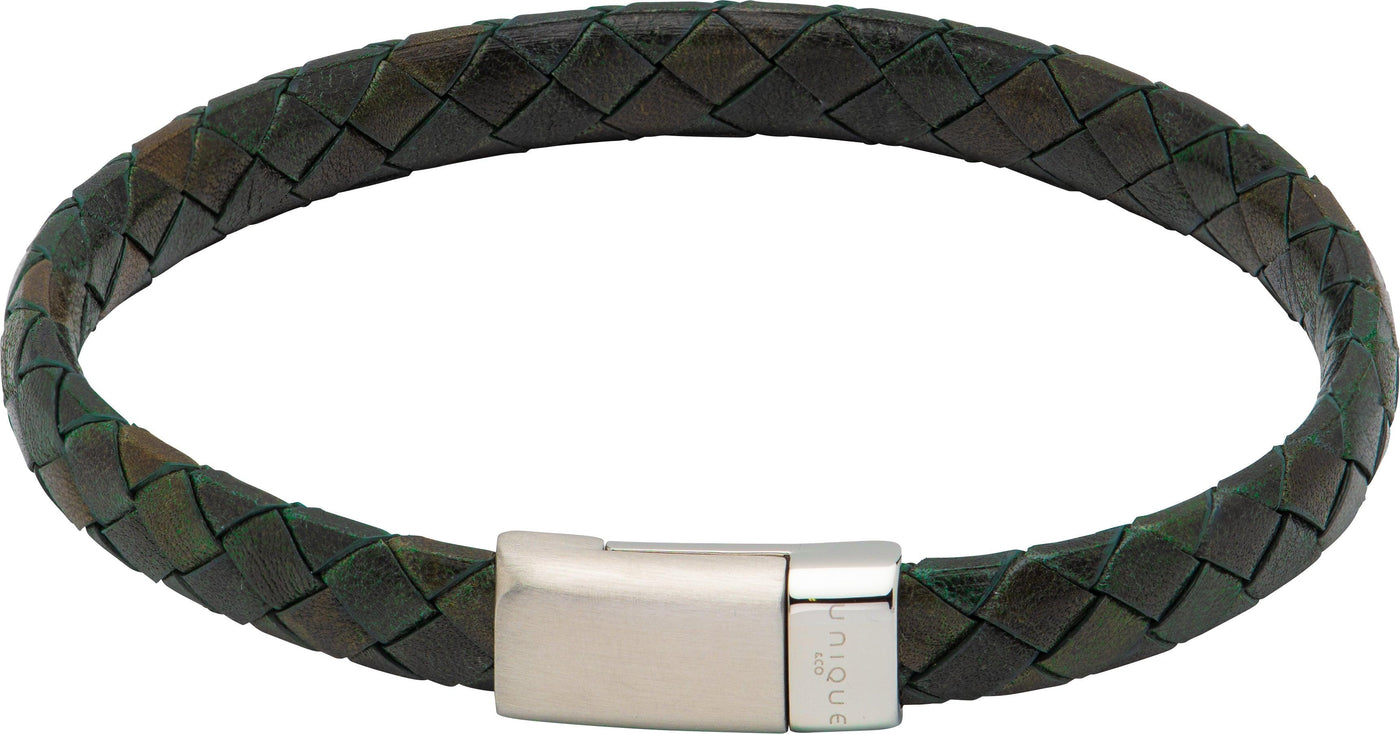 Unique & Co Matte & Polished Magnetic Steel Clasp Dark Green Leather Bracelet - Rococo Jewellery