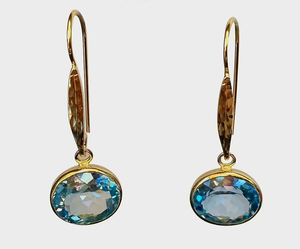 Gold and Oval Blue Topaz Drop Earrings - Rococo Jewellery