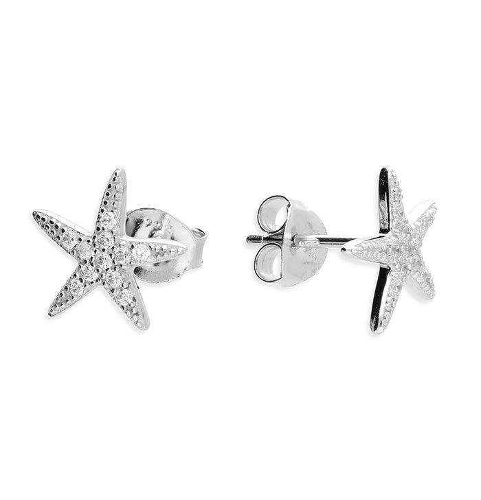 Silver Starfish Stud Earrings With Cubic Zirconia - Rococo Jewellery