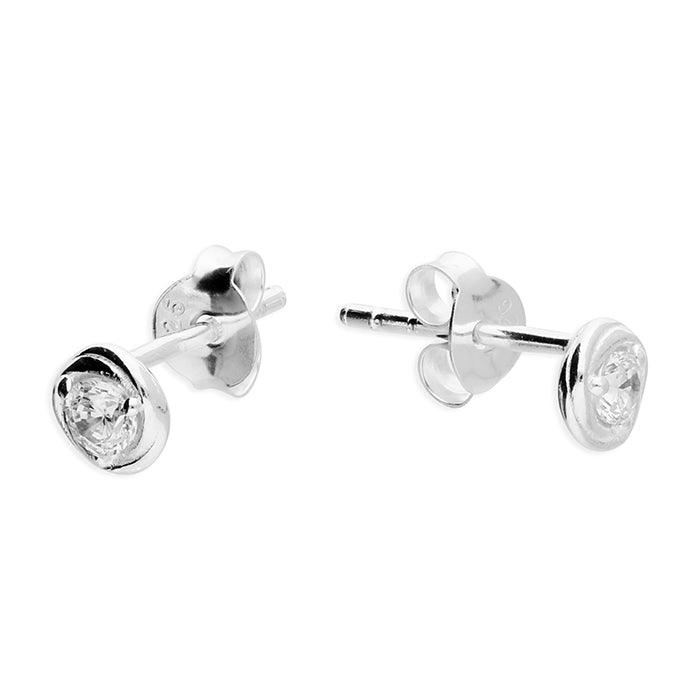3mm Cubic Zirconia in a Small Twist Silver Stud Earrings - Rococo Jewellery