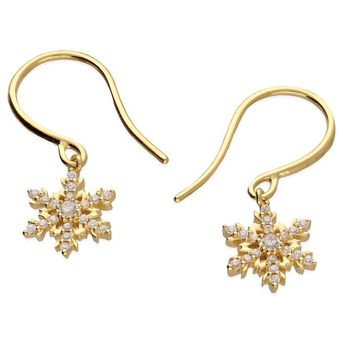 Gold Snowflake Drop Earrings with Cubic Zirconia - Rococo Jewellery