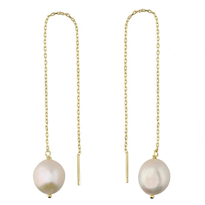 Yellow Gold Freshwater Pearl Pull-Thru Earrings - Rococo Jewellery