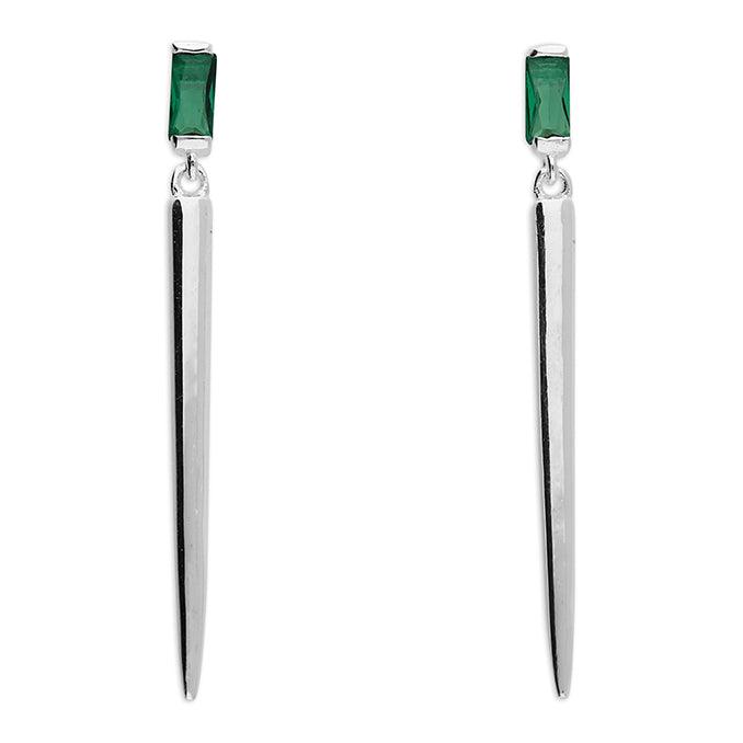 Silver Cone Drop Stud Earrings with Emerald Green Crystal - Rococo Jewellery