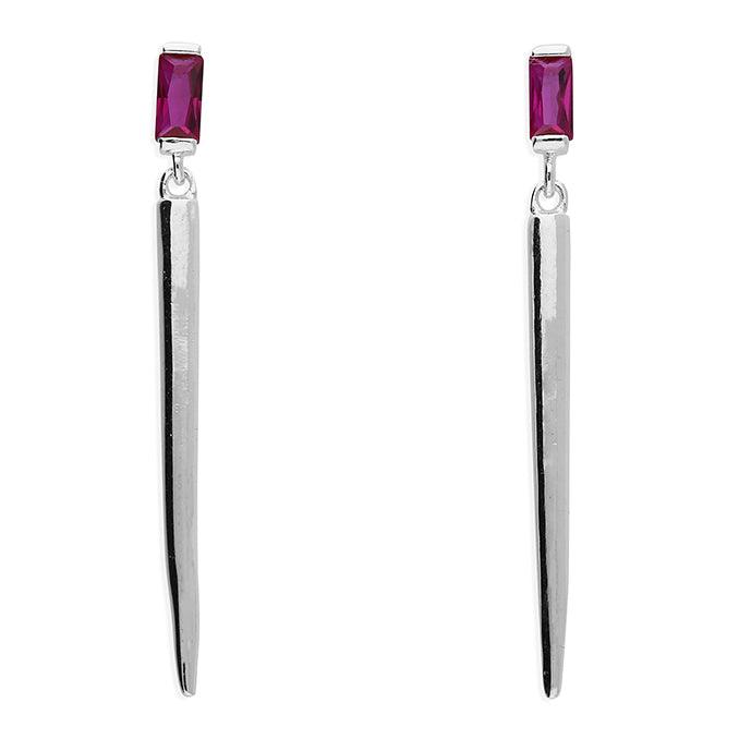 Silver Cone Drop Stud Earrings with Ruby Red Crystal - Rococo Jewellery