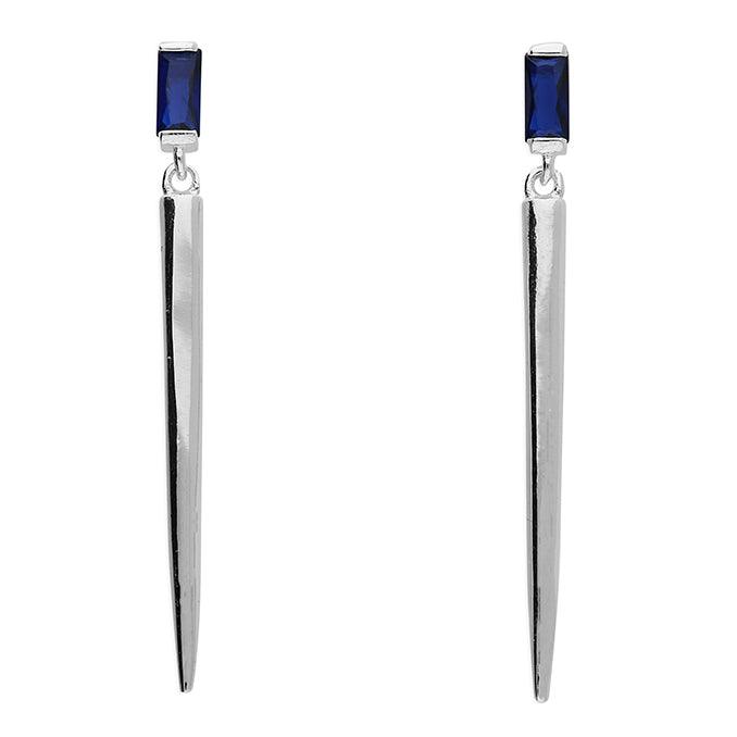 Silver Cone Drop Stud Earrings with Sapphire Blue Crystal - Rococo Jewellery