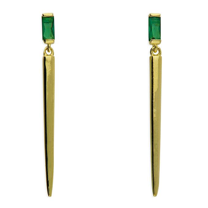 Gold Cone Drop Stud Earrings with Green Crystal - Rococo Jewellery