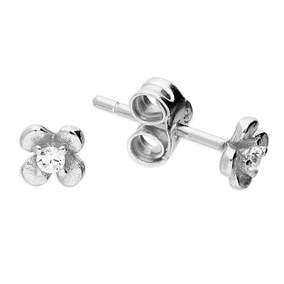 Silver Flower Stud Earrings with Cubic Zirconia Stone - Rococo Jewellery