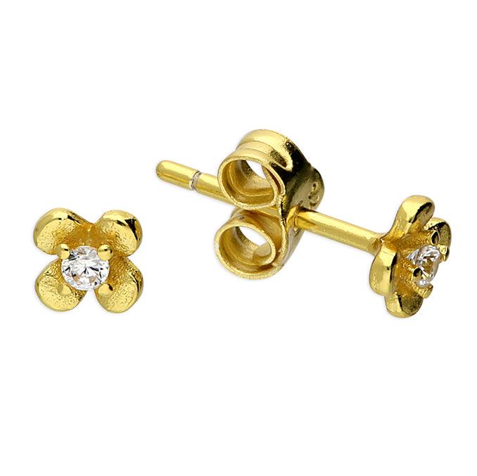 14ct Gold Vermeil and Silver Flower Stud Earrings with Cubic Zirconia - Rococo Jewellery