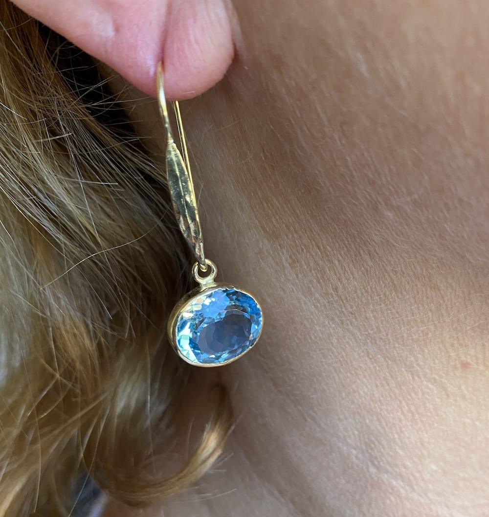 Gold and Oval Blue Topaz Drop Earrings - Rococo Jewellery