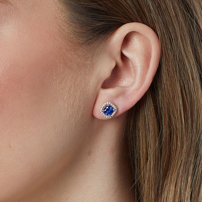 Jools Deep Blue Cubic Zirconia Cushion Cut Halo Stud Earrings - Rococo Jewellery