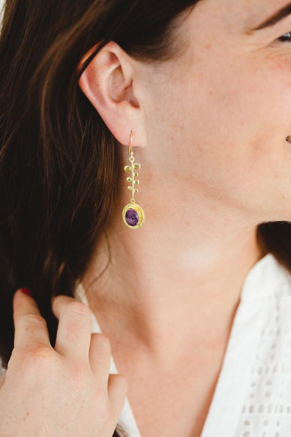 Gold Plated Amethyst Vine Drop Earrings - Rococo Jewellery