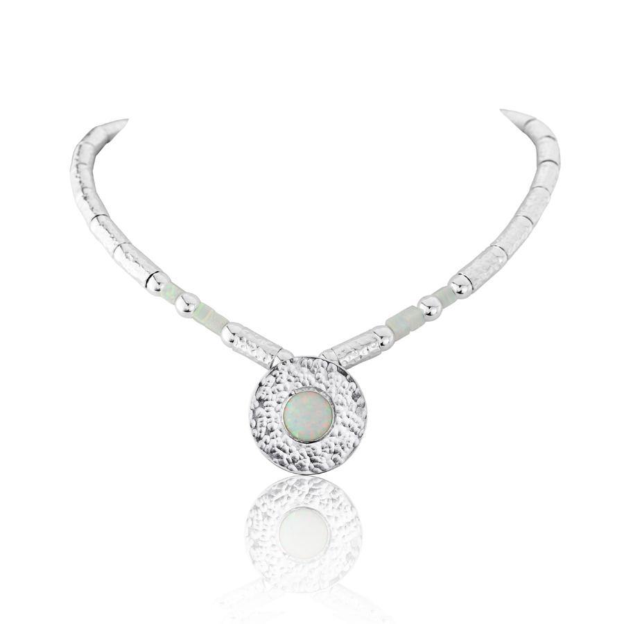 Lavan Hammered Sterling Silver and White Opal Necklace - Rococo Jewellery
