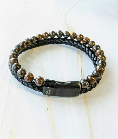 Unique & Co Antique Tiger's Eye and Black IP Dark Brown Two Row Leather Bracelet - Rococo Jewellery