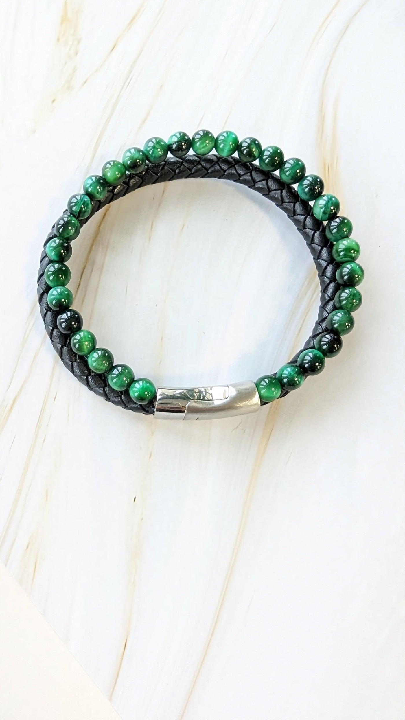 Unique & Co Black Leather Bracelet with Green Tiger's Eye - Rococo Jewellery