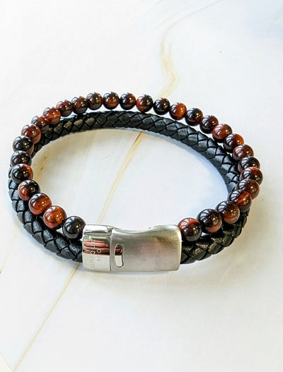Unique & Co Black Leather Bracelet With Red And Brown Beads - Rococo Jewellery