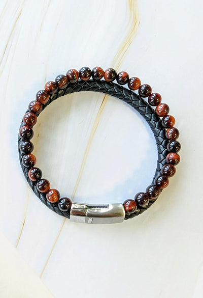 Unique & Co Black Leather Bracelet With Red And Brown Beads - Rococo Jewellery