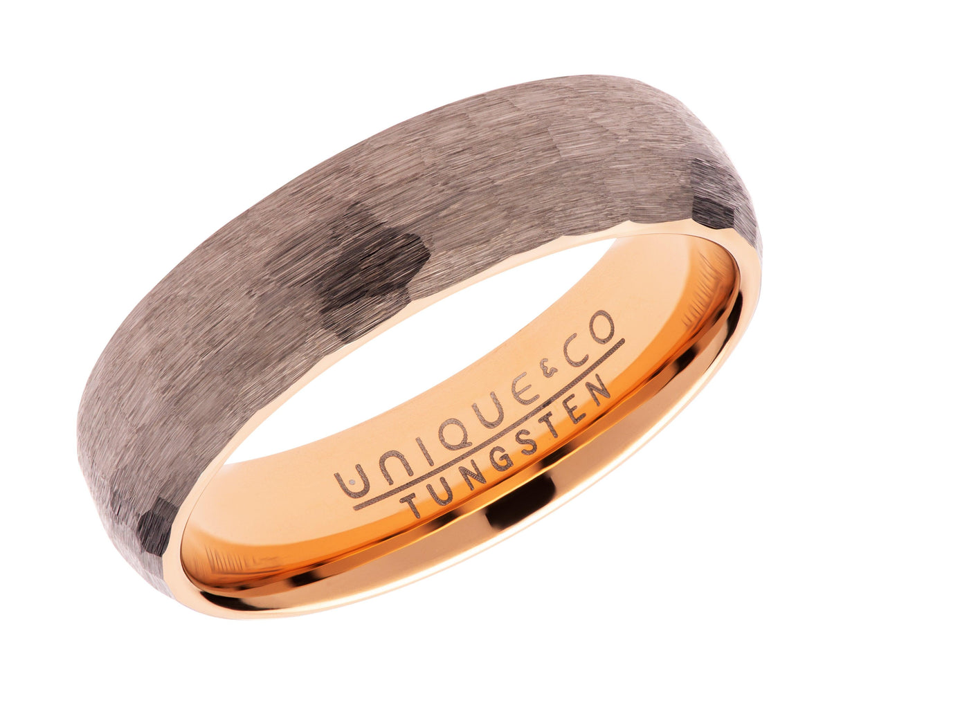 Unique & Co 6mm Hammered Tungsten Carbide Ring with Rose IP Plating - Rococo Jewellery