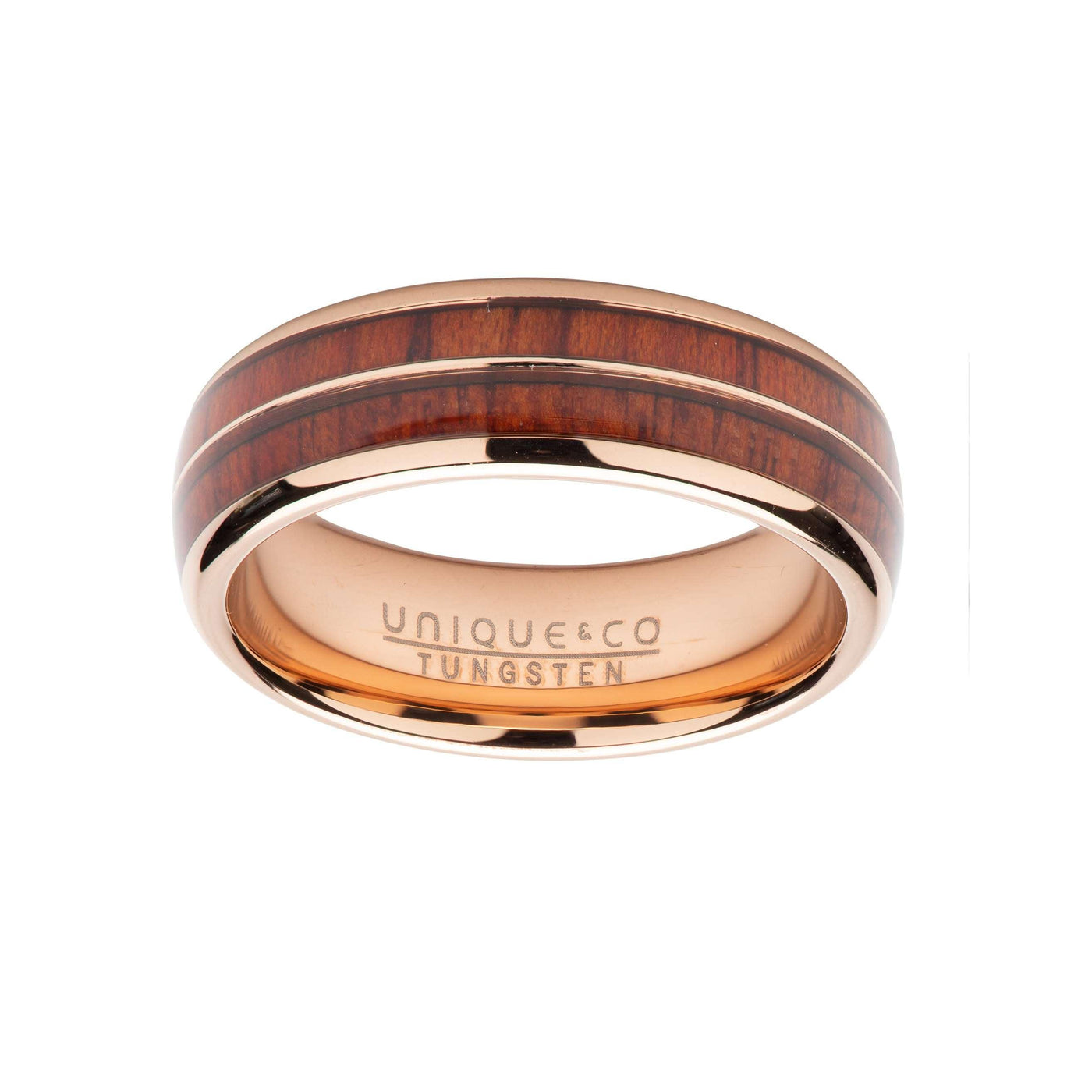 Unique & Co 7mm Wood Inlay with Rose IP Band Ring - Rococo Jewellery