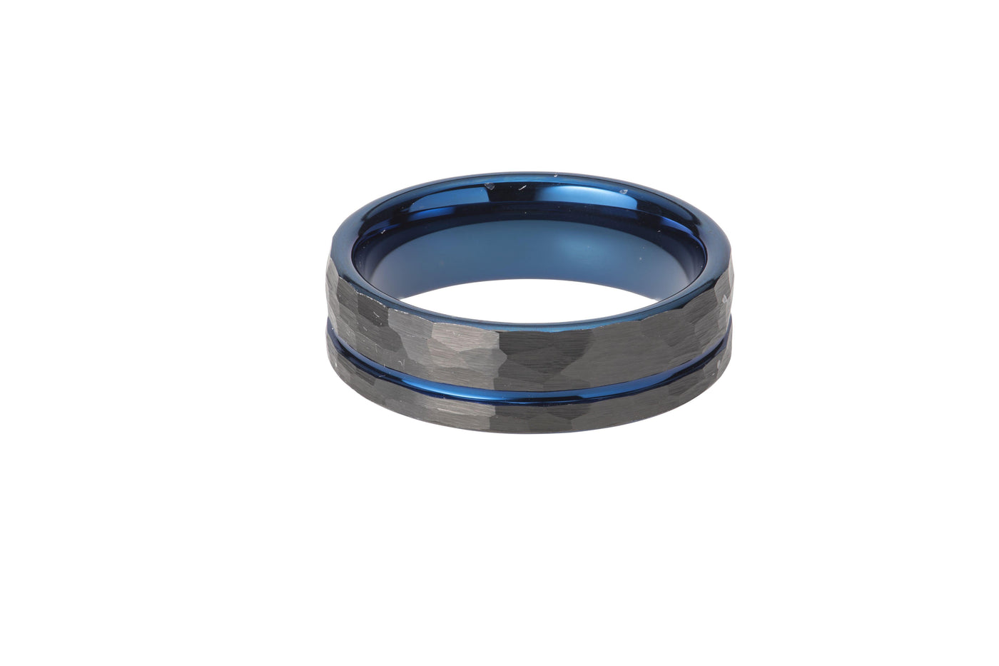 Unique & Co 7mm Hammered Tungsten with Blue IP Ring - Rococo Jewellery
