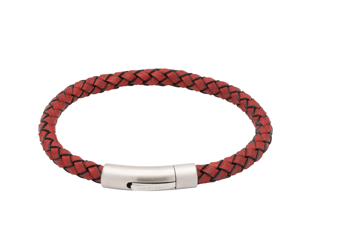 Unique & Co Red Leather Bracelet - Brushed Stainless Steel Clasp - Rococo Jewellery