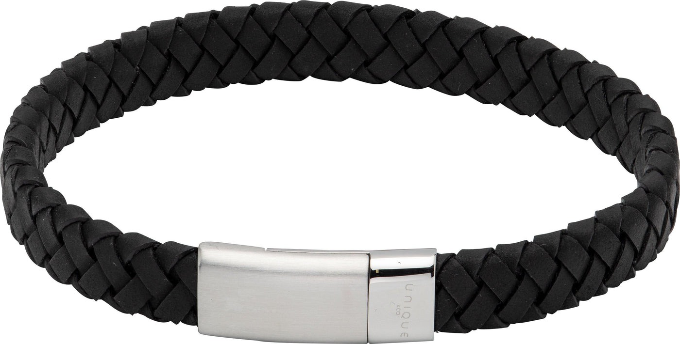 Unique & Co Matte & Polished Stainless Steel Clasp Black Leather Bracelet - Rococo Jewellery