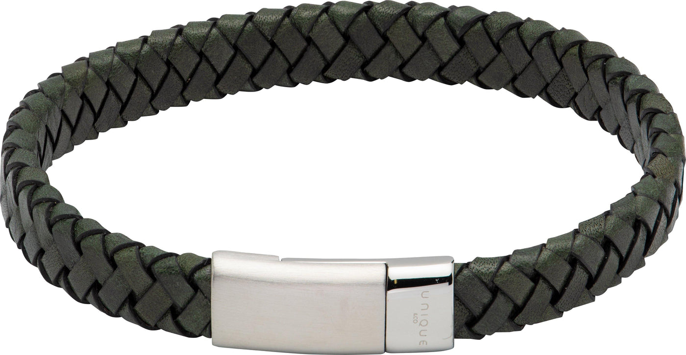 Unique & Co Matte & Polished Stainless Steel Clasp Dark Green Leather Bracelet - Rococo Jewellery