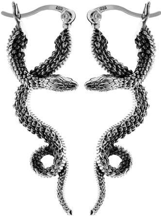 Oxidised Snake Drop Earrings - Sterling Silver - Rococo Jewellery