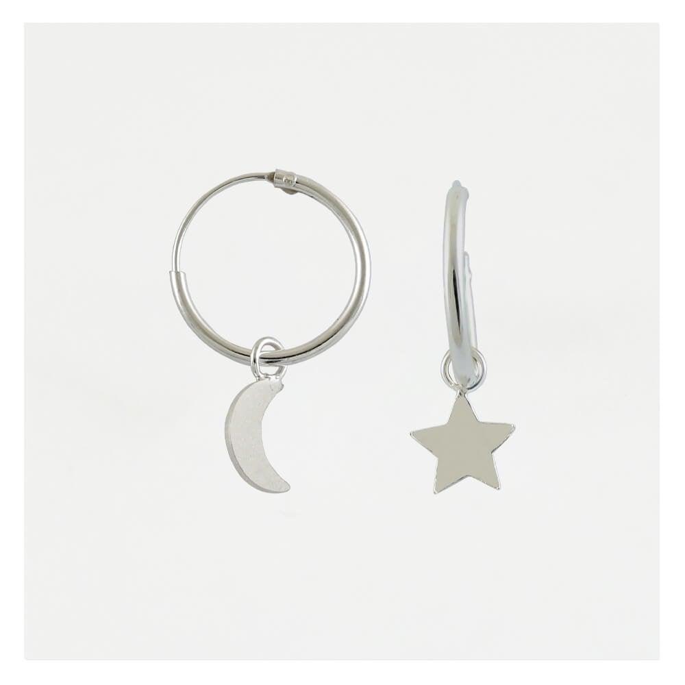 Kingsley Ryan Silver Star and Crescent Moon Hoop Earrings - Rococo Jewellery