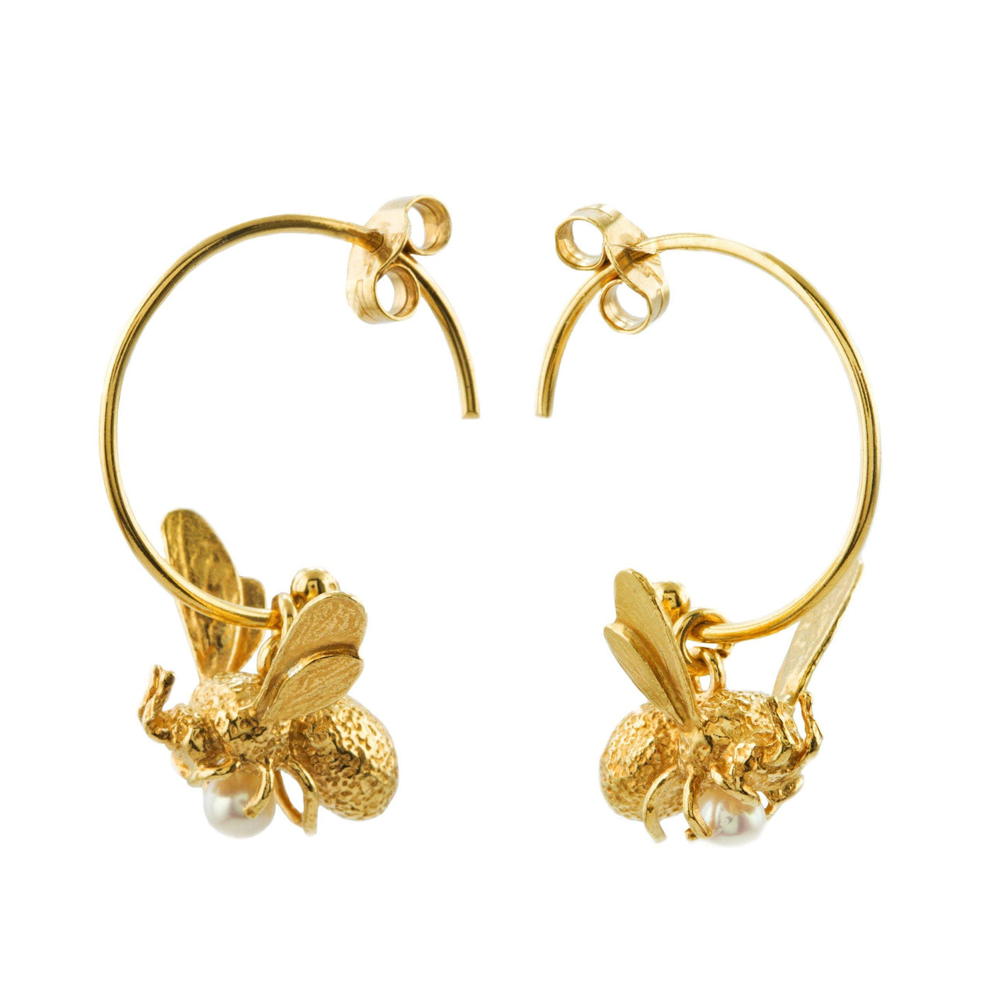 Alex Monroe Flying Bee Freshwater Pearl Hoop Earrings - 22ct Gold Plate - Rococo Jewellery