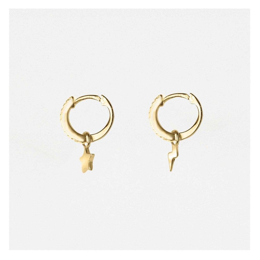 Kingsley Ryan Gold Sparkly Dangly Star and Lightning Hoop Earrings - Rococo Jewellery