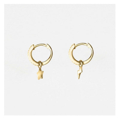 Kingsley Ryan Gold Sparkly Dangly Star and Lightning Hoop Earrings - Rococo Jewellery
