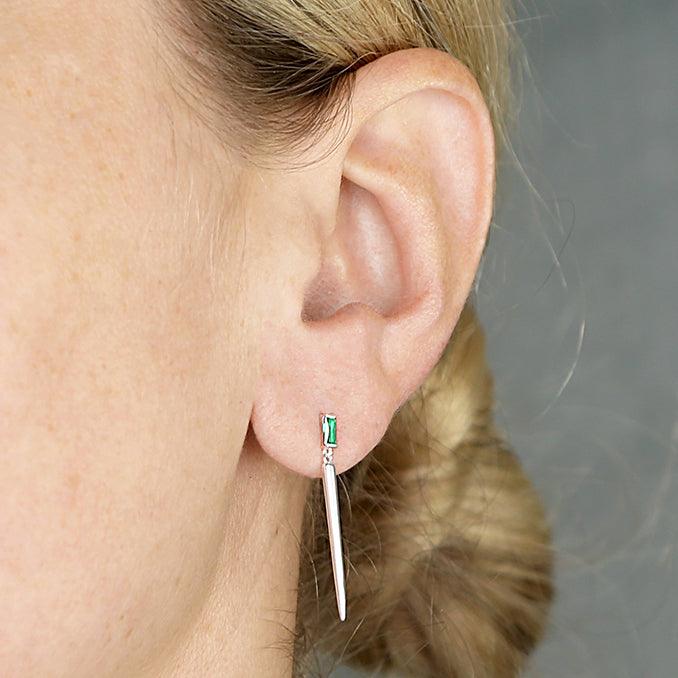 Silver Cone Drop Stud Earrings with Emerald Green Crystal - Rococo Jewellery