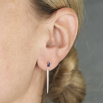 Silver Cone Drop Stud Earrings with Sapphire Blue Crystal - Rococo Jewellery