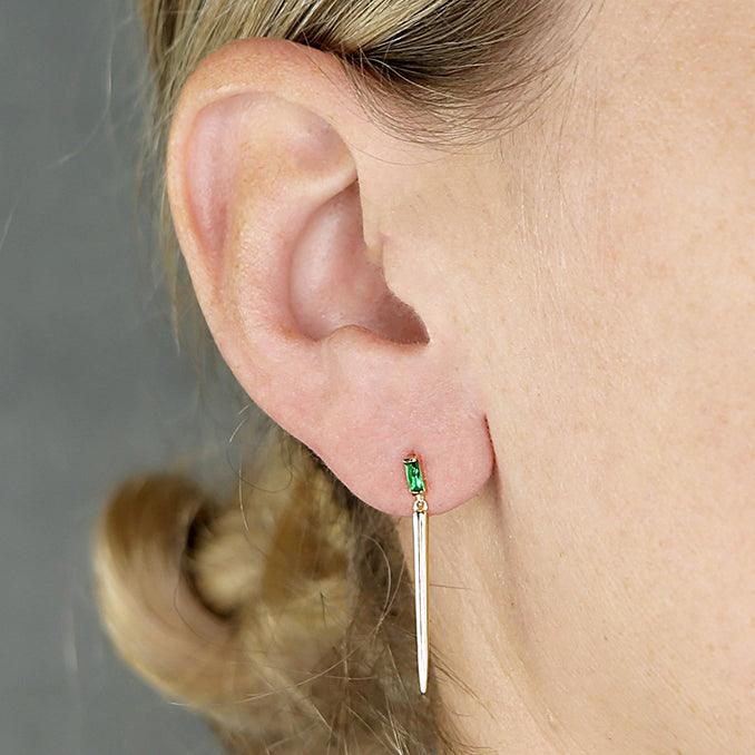 Gold Cone Drop Stud Earrings with Green Crystal - Rococo Jewellery