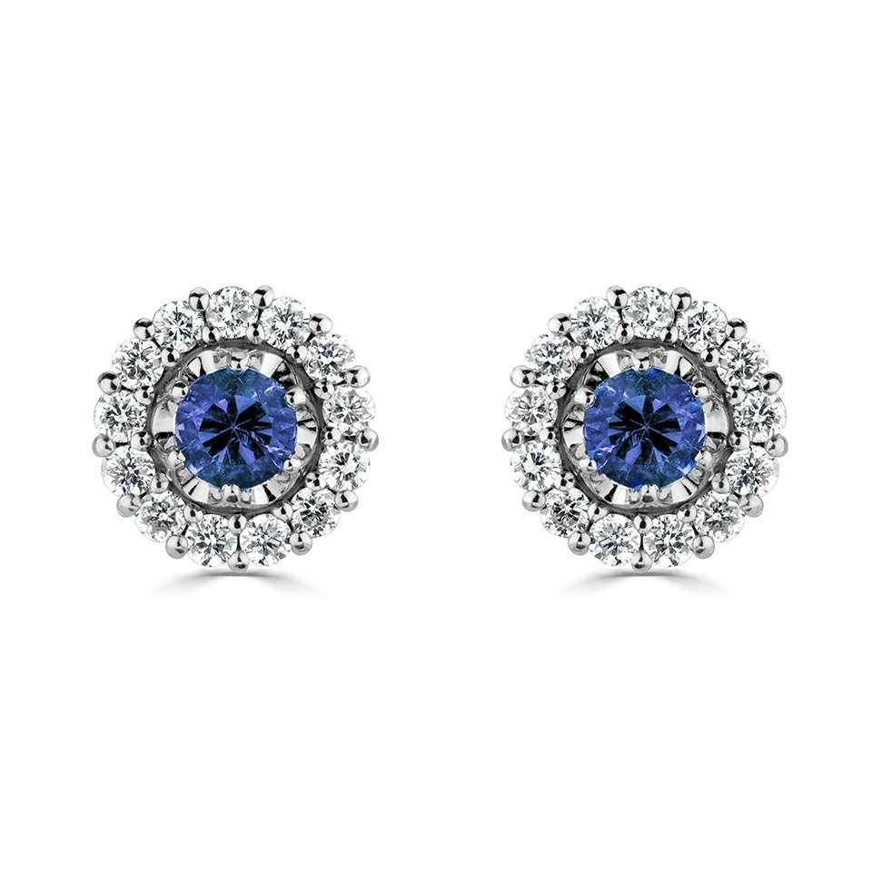 18ct White Gold Diamond Halo and Blue Sapphire Stud Earrings - Rococo Jewellery