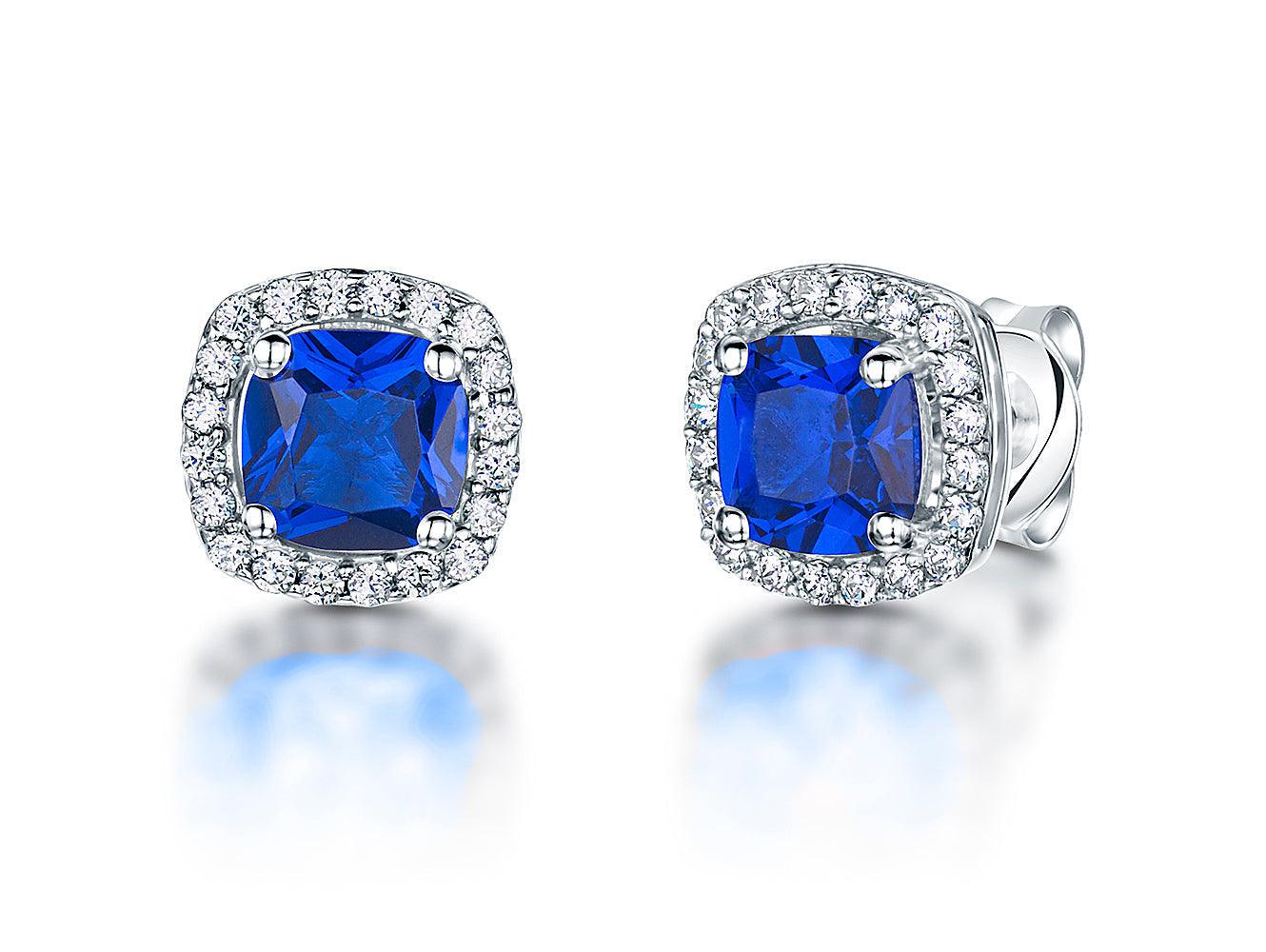 Jools Deep Blue Cubic Zirconia Cushion Cut Halo Stud Earrings - Rococo Jewellery