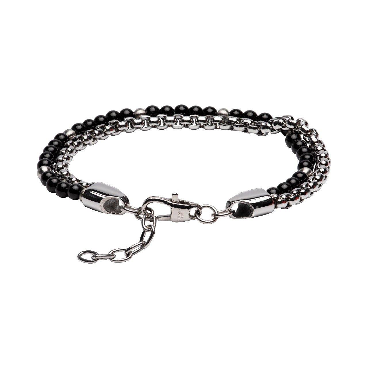 Unique & Co Black Onyx Beads and Stainless Steel Chain Bracelet - Rococo Jewellery