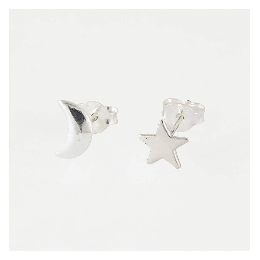 Kingsley Ryan Sterling Silver Moon & Star Stud Earrings - Rococo Jewellery