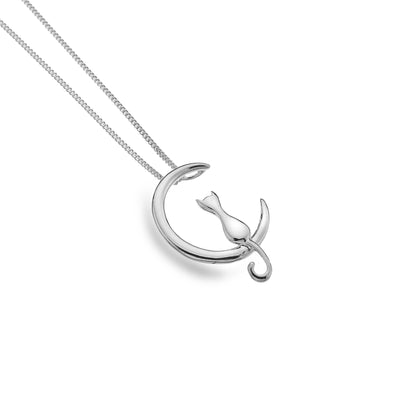 Cat on Moon Sterling Silver Pendant - Rococo Jewellery