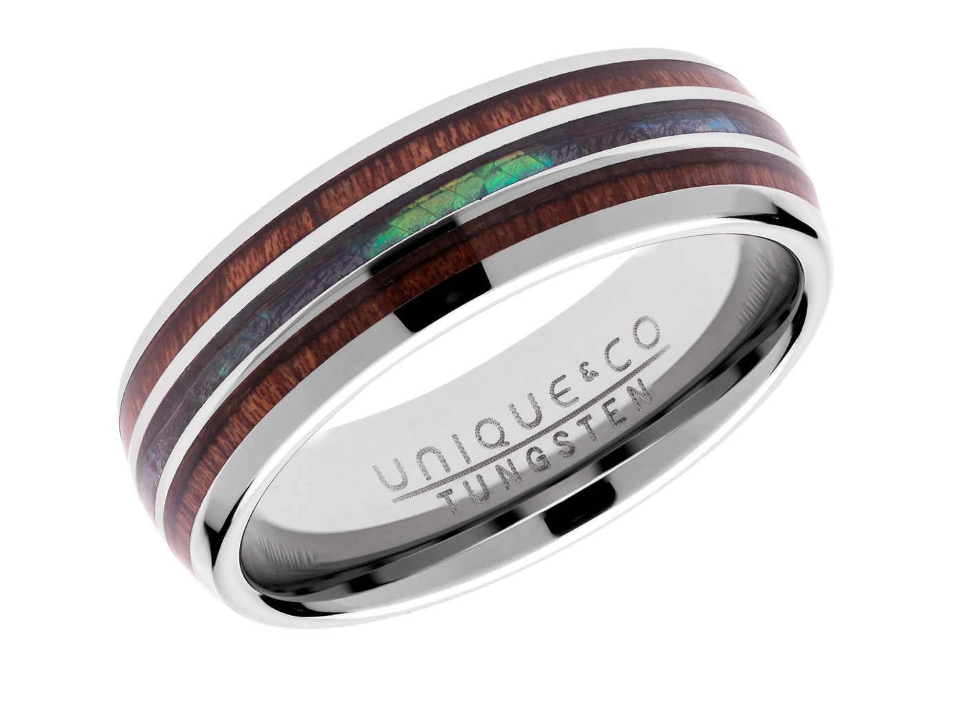 Unique & Co 7mm Tungsten Carbide Ring with Abalone Shell and Wood - Rococo Jewellery