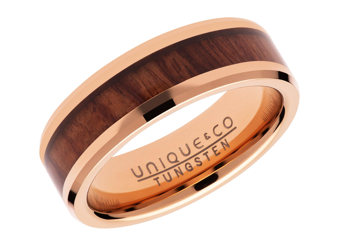 Unique & Co 7mm Tungsten Carbide Ring with Wood Inlay and IP Rose Plating - Rococo Jewellery
