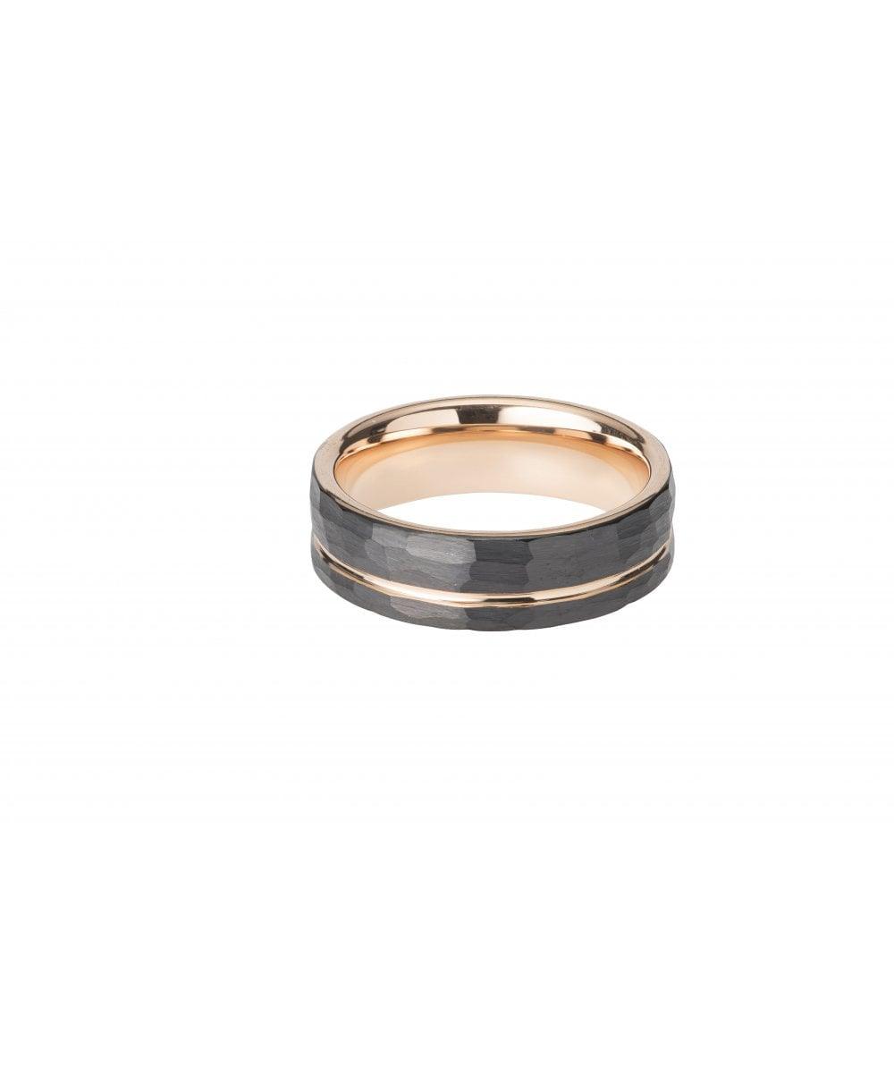Unique & Co Hammered Black Tungsten Rose Gold Band Ring - Rococo Jewellery
